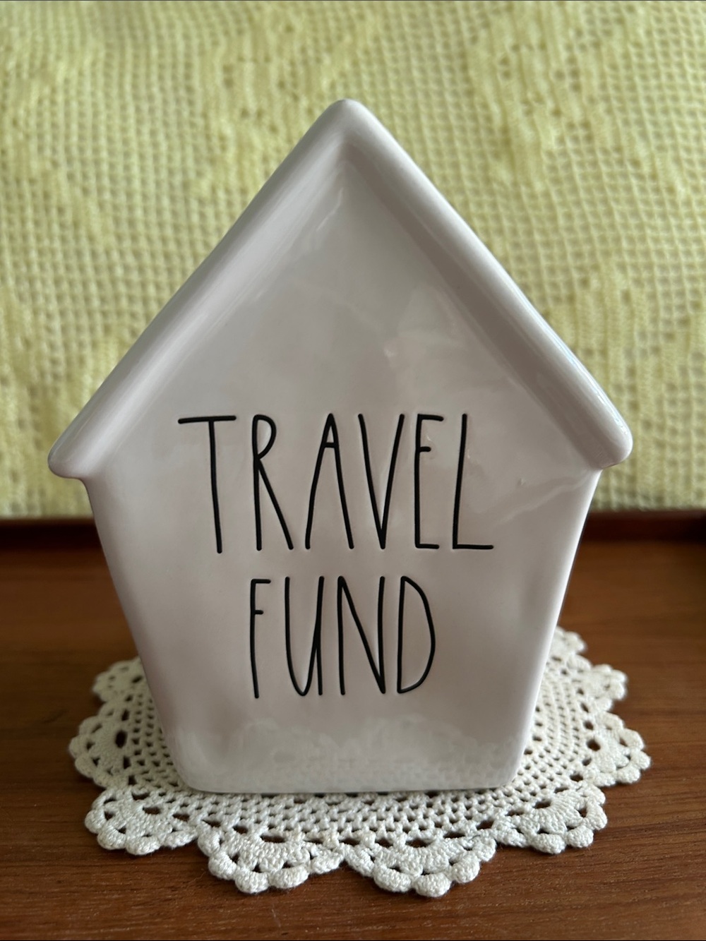 Rae Dunn Ceramic 'Travel Fund' House Coin Bank - White